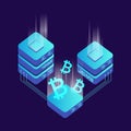 Mining bitcoin server vector icon in isometric style. Blockchain crypto money farm datacenter illustration background. Block