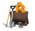 Mining Cart, Pick Axe, Shovel with Bitcoin Symbol Isolated