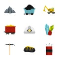 Mining coal industry icons set, flat style Royalty Free Stock Photo