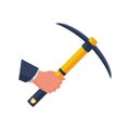 Mining concept. Pickax in hand. Mainer holds in hands tools Royalty Free Stock Photo