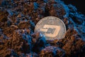 Mining crypto currency - Dash coin. Online money coin in the dirt ground. Digital currency, block chain market, online business