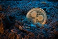 Mining crypto currency - Ripple coin. Online money coin in the dirt ground. Digital currency, block chain market, online business