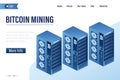 Mining Cryptocurrency. Bitcoin mining, landing page template. Distributed cloud computing. Technology for making crypto money