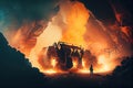 mining equipment bursting into flames in underground mine, with smoke and flames visible