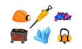 Mining Equipment and Tools with Helmet and Protective Mask Vector Set