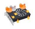 Mining farm and chickens carry bitcoins, illustration. Bitcoin mine and video card for production cryptocurrency and blockchain, v