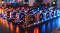 Mining farm uses GPU rigs for cryptocurrency mining, employing blockchain technology and electronic hardware Royalty Free Stock Photo
