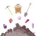 Mining mineral color icons set. Mining mineral color icons set. Trolley, minerals and tools. Vector illustration