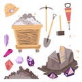 Mining mineral color icons set. miner equipment. Trolley, minerals and tools. Vector illustration
