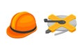 Mining geological industry tools set. Safety hardhat and rope reel vector illustration