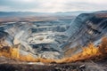 Mining at a height. Industrial terraces on a mineral mine with an open pit. Opencast mining as seen from above, top down view Royalty Free Stock Photo