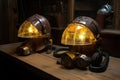mining helmets with headlamps placed on a wooden table