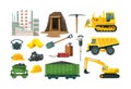 Mining industry equipment. Excavator, dump truck, bulldozer, wagons with coal, factory of plant complex, explosives, coal cart Royalty Free Stock Photo