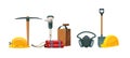 Mining industry equipment. Jackhammer, pickaxe, shovel, miner`s helmet, helmet with lantern, explosives with a detonator Royalty Free Stock Photo