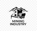 Mining industry, mountains, mine, mine cart and pickaxe, graphic design