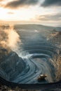 Mining industry polluting the air at sunset with excavator working Royalty Free Stock Photo