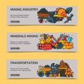 Mining industry set of banners vector illustration. Profession and occupation. Coal mining equipment, miner tools