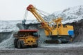 The excavator is loading a yellow mining truck. Open pit mining. Royalty Free Stock Photo