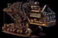 mining machine with cutaway view of its inner workings and coal being transported