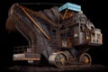 mining machine with cutaway view of its inner workings and coal being transported