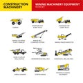 Mining machinery equipment vehicle construction machinery transport icons set Royalty Free Stock Photo