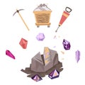 Mining mineral color icons set. Mining mineral color icons set. Trolley, minerals and tools. Vector illustration