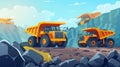 Mining quarry with miners, heavy machinery, and transport. Dump trucks carry coal or metal ore. Pit dawn landscape Royalty Free Stock Photo