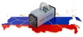 Mining in Russia, concept. ASIC miner with Russian map. 3D rendering
