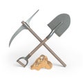 Mining. Shovel, pickaxe and gold nugget. Royalty Free Stock Photo