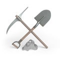Mining. Shovel, pickaxe and silver nugget.