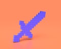 Mining Sword Toy, pixelated sword, Plastic Weapon , indigo blue hunting and adventure tool on pinkish orange background, 3d