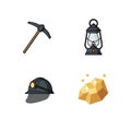 Mining tools pickaxe lantern helmet and gold nugget vector illustration set Royalty Free Stock Photo