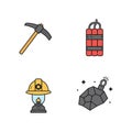 Mining tools vector set with pickaxe dynamite helmet lantern and coal illustration Royalty Free Stock Photo