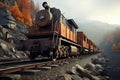 mining train loaded with raw materials, moving on rails