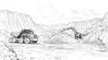 Dump Truck and Excavator in a Quarry, Line Art Scene Royalty Free Stock Photo