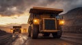 Mining trucks driving on a dusty road at sunset Royalty Free Stock Photo