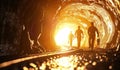 Mining workers come out into the light from the tunnel after a work shift