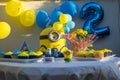 Minions Party Cake, kids birthday party ideas, yellow and blue minion, children 2 b-day party concept