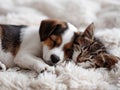 minis, Cat and dog and newborn sleeping. Puppy , newborn and kitten sleep white background of home interior, Royalty Free Stock Photo