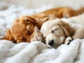 minis, Cat and dog and newborn sleeping. Puppy , newborn and kitten sleep white background of home interior, Royalty Free Stock Photo