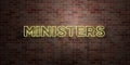 MINISTERS - fluorescent Neon tube Sign on brickwork - Front view - 3D rendered royalty free stock picture