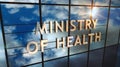 Ministry of Health glass skyscraper with mirrored sky 3d illustration