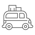 Minivan with boxes thin line icon, Summer trip concept, car with luggage on roof sign on white background, travel car