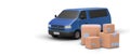 Minivan with bunch of boxes. 3D car picks up parcels. Advertising of transport services