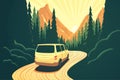 The minivan is driving along a winding forest road. Mountain landscape. Sunset. Vector flat illustration. Van life. Travel by car