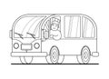 Minivan travel a man drives a car. Happy cartoon man in a retro minivan. Road trip, summer vacation, contour vector illustration.
