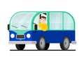 Minivan travel a man drives a car. Happy cartoon man in a retro minivan. Road trip, summer vacation Royalty Free Stock Photo