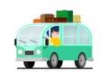 Minivan travel a man drives a car. Happy cartoon man in a retro minivan. Road trip, summer vacation, vector illustration. Roof Royalty Free Stock Photo