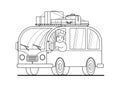 Minivan travel a man drives a car. Happy cartoon man in a retro minivan. Roof rack, luggage, suitcases. Road trip, summer vacation Royalty Free Stock Photo