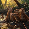 Mink family in the forest with setting sun shining. Royalty Free Stock Photo